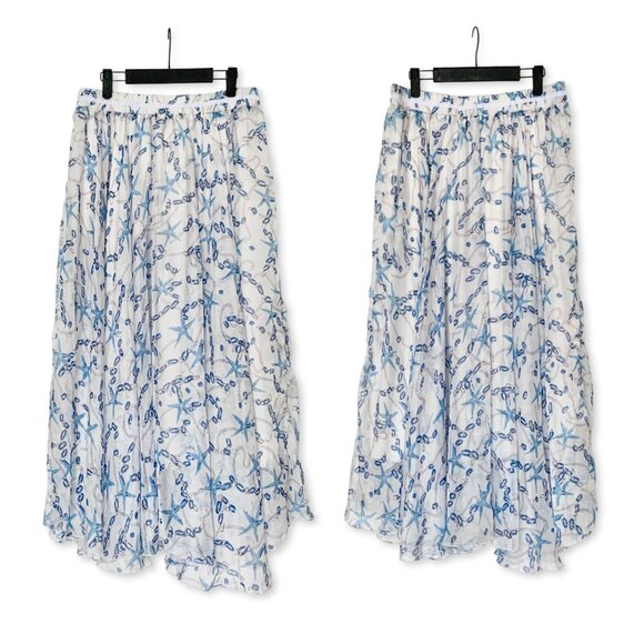 Afibi Nautical Long Maxi Skirt Starfish White Blue Fishermancore Coastal Grandma - Picture 2 of 10